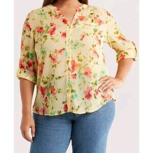 kut from the kloth blouse XL Yellow Floral Sheer